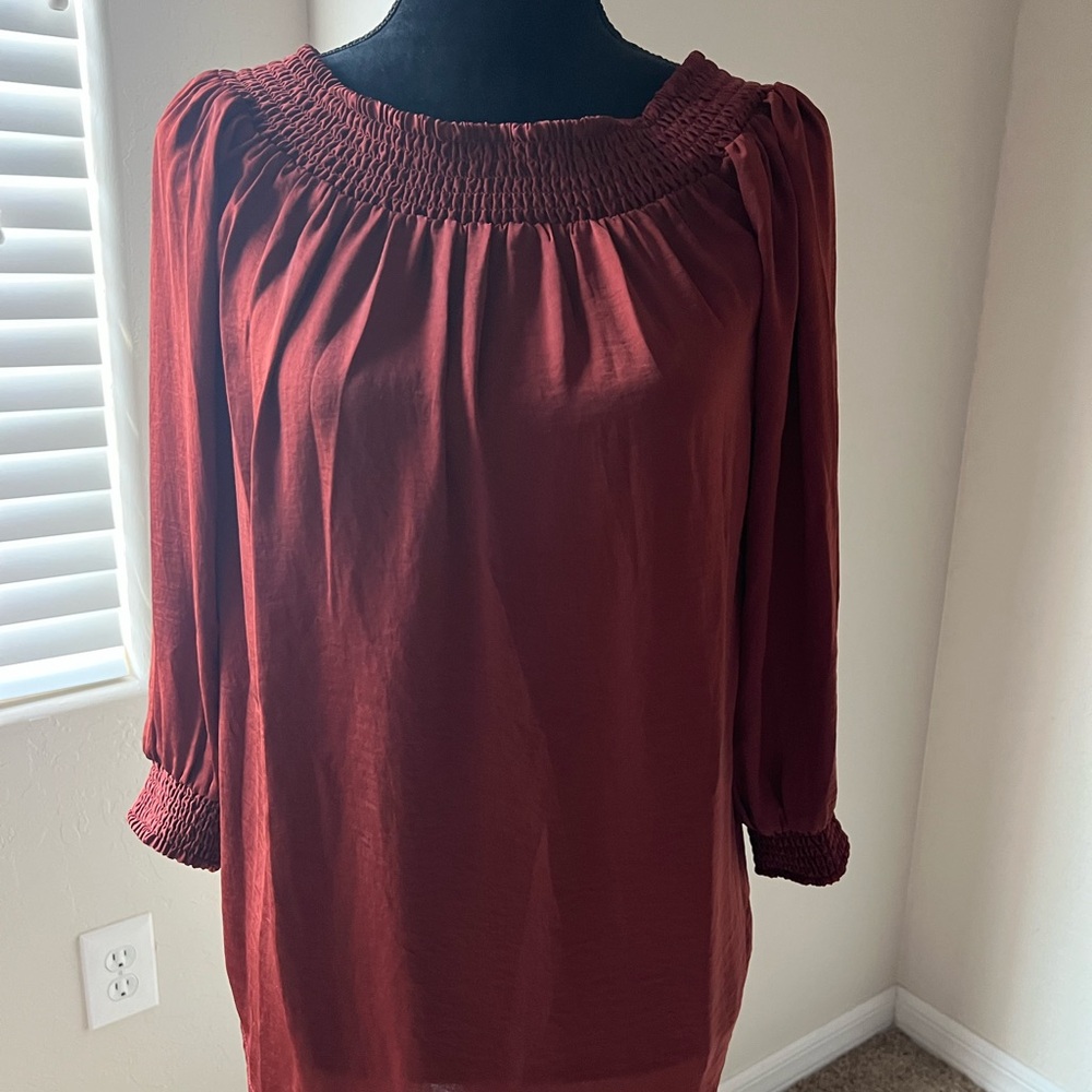 Cabi Foxy Blouse Off-Shoulder Top in Rust